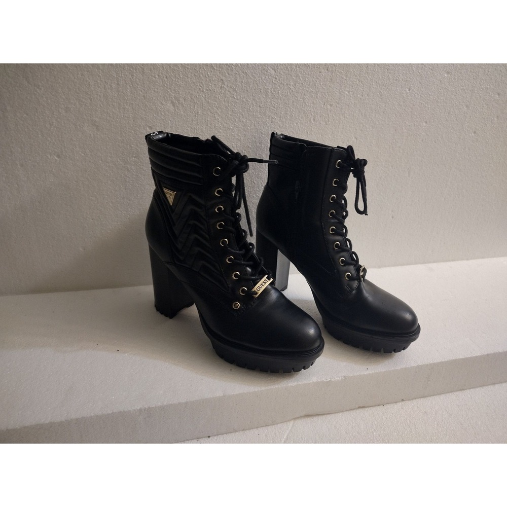 Guess Boots Womens 8M Lace Up Ankle Chunky Heel Lug Sole Black Gold Side Zip